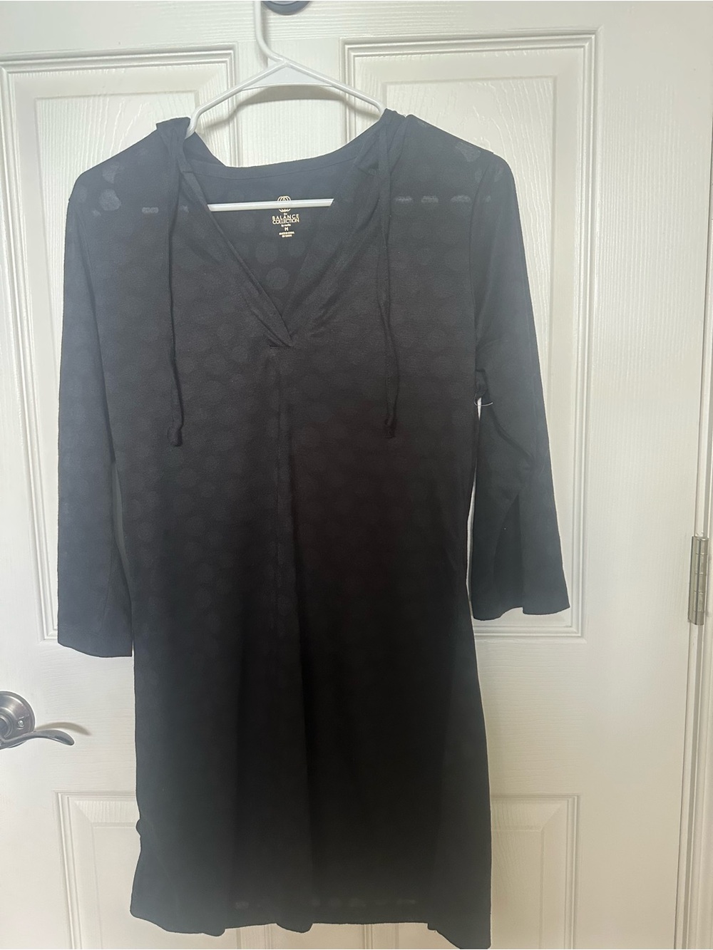 Marika Black V-Neck Tunic beach cover up with Subtle Texture. With hood.
